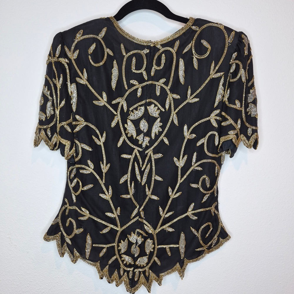 Vintage Beaded Silk Laurence Kazar Evening Top Gold Glam Maximalist Costume Sz L - Picture 2 of 12